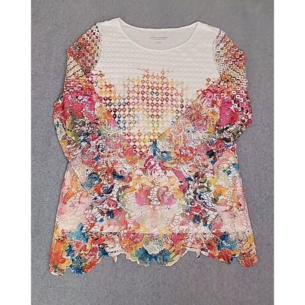 Soft Surroundings Lace Tunic Women Small White Multi Color Floral Boho 2DV56
